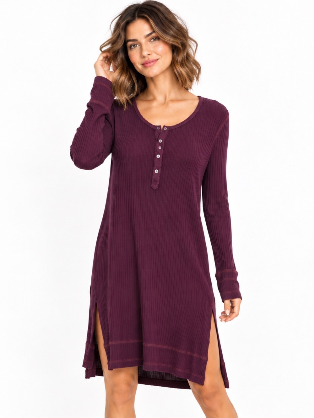 Free People We The Free Plum Ribbed Henley Mini Dress Tunic M